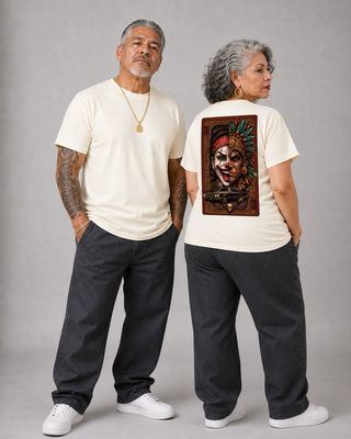 Models wearing the cream Now and Then Aztyanz T-shirt