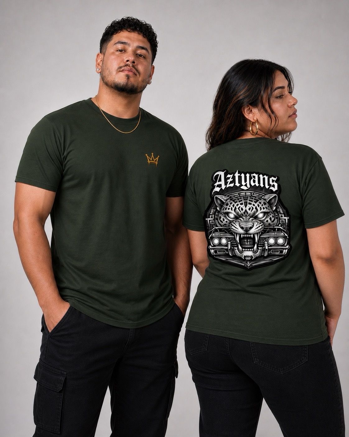 Models showing the front and back of the deep green Aztyanz Jaguar T-shirt